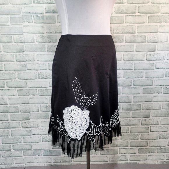 Vintage 90s Cache Womens 6 Black Skirt Beaded Sequin Floral Tulle Trim Aline - Picture 2 of 7